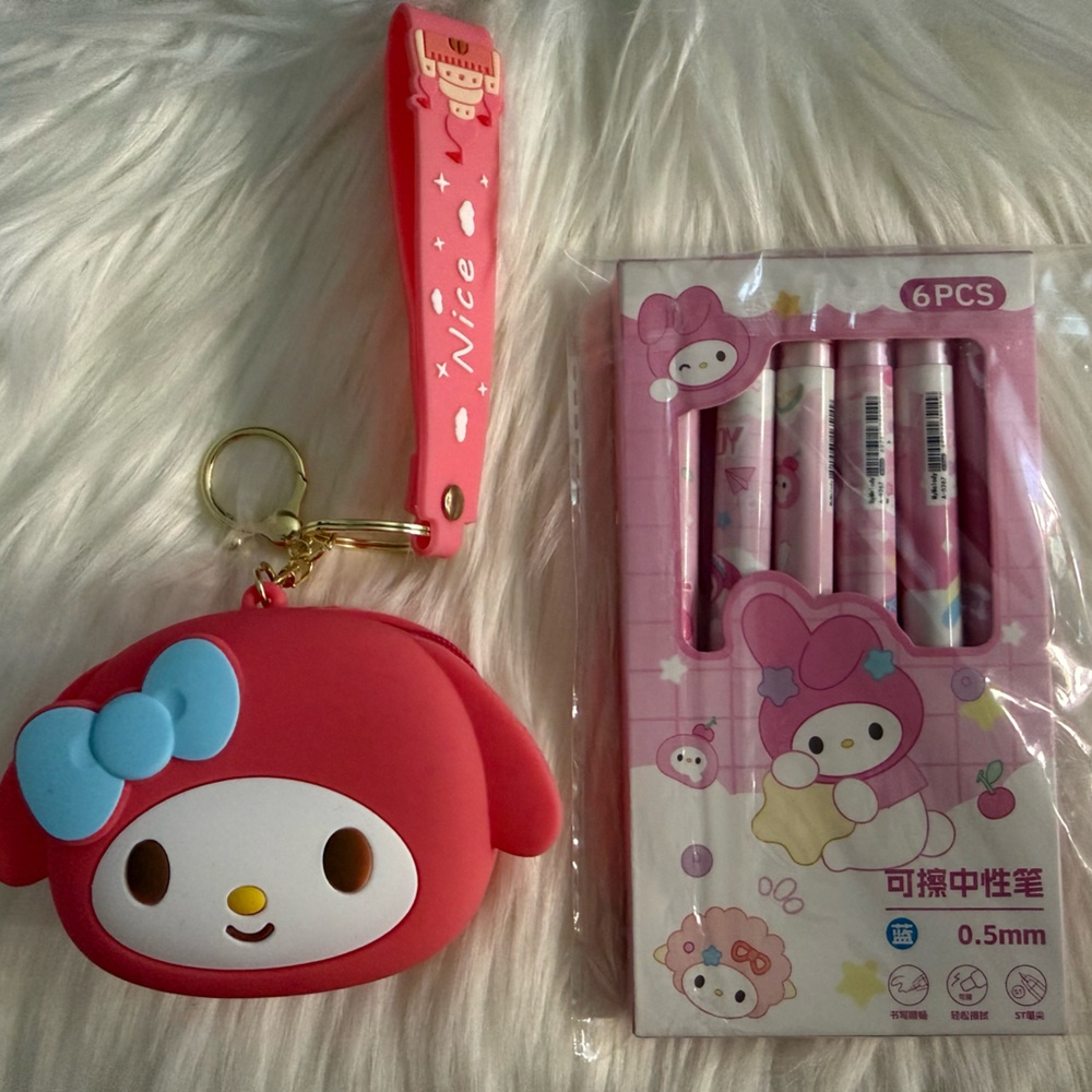 Pink Keychain Coin Purse and 6-Pack Pink Pens Set